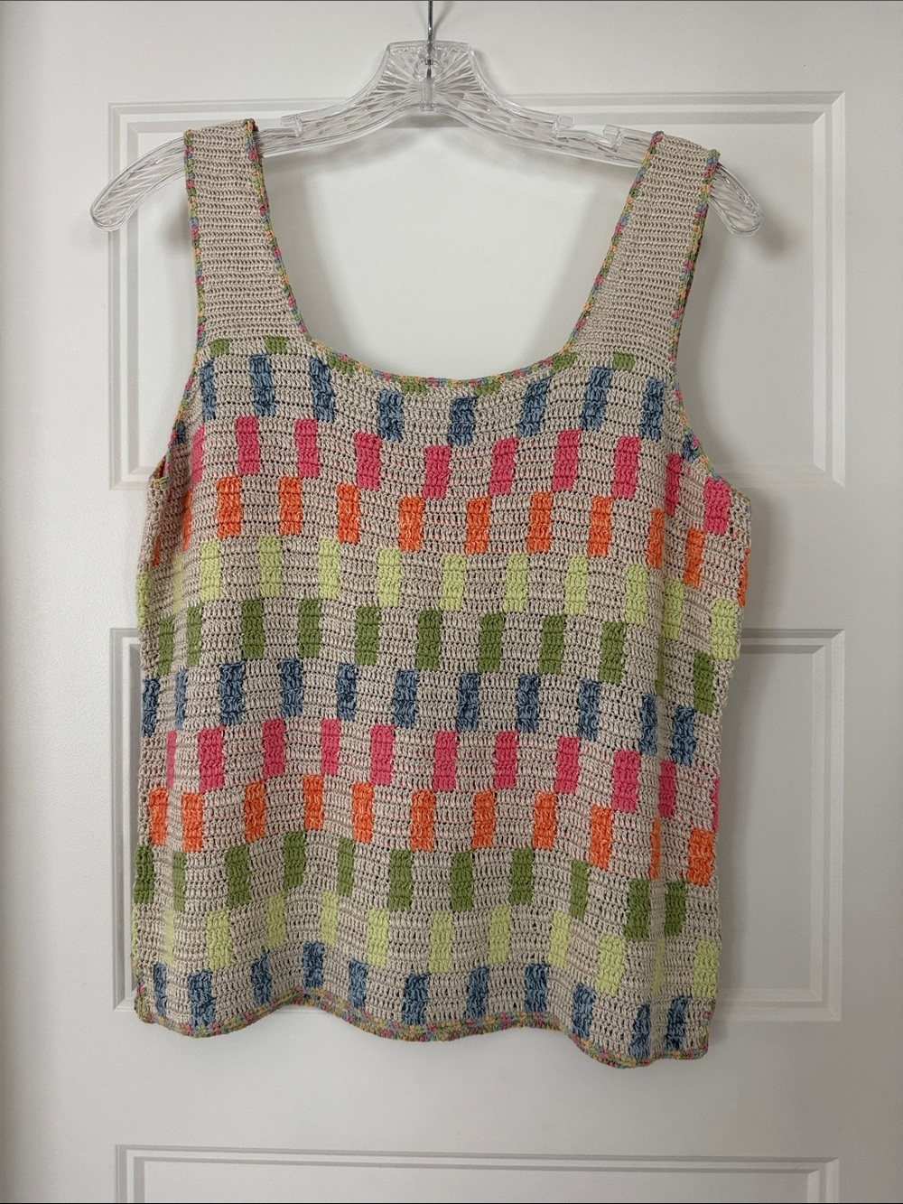 Sigrid Olsen Beige Crochet Tank with Pink, Orange, Green and Blue Check Accents